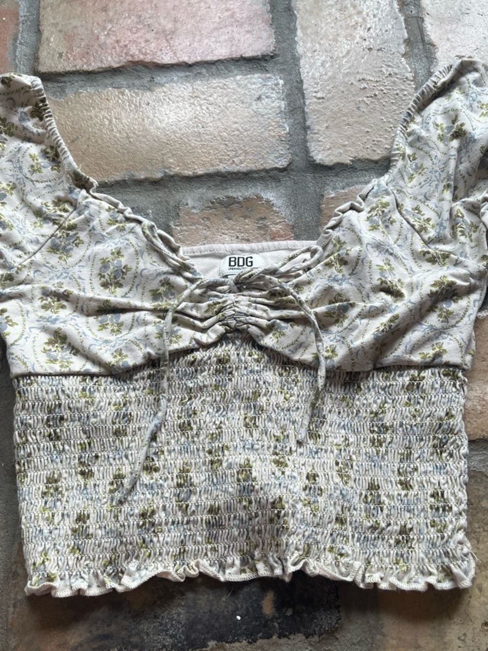 BDG Cream Floral Smocked Crop Top with Front Tie